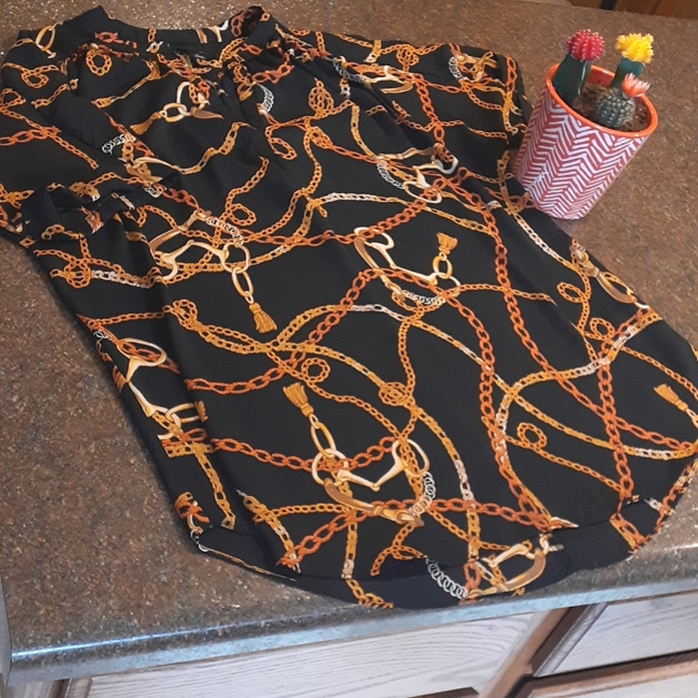 Worthington Black/Gold Chain Design Short Sleeve Blouse/Tunic Top,Size L
